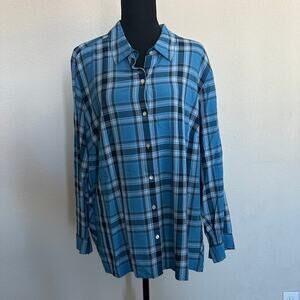J Jill Top 3X Plus Button Up Plaid Collared Western Preppy Blue Rayon Casual